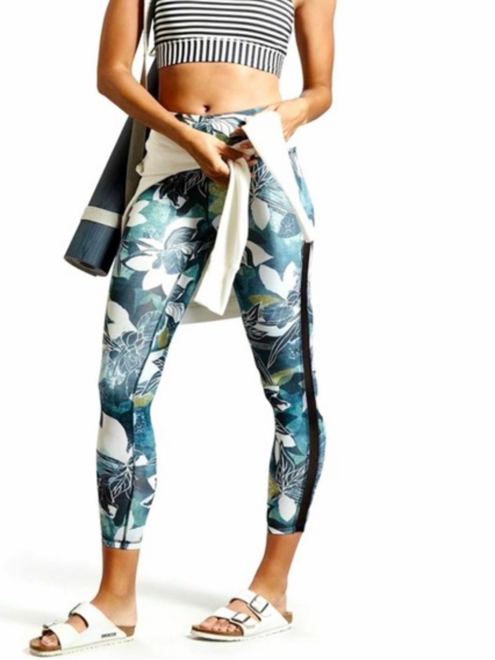 Athleta Teal Floral High-Rise Active Leggings with Side Stripe